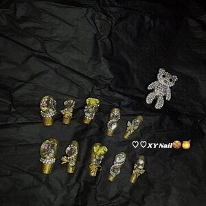 Gold and Silver Rhinestone Nail Set with Bear Charm